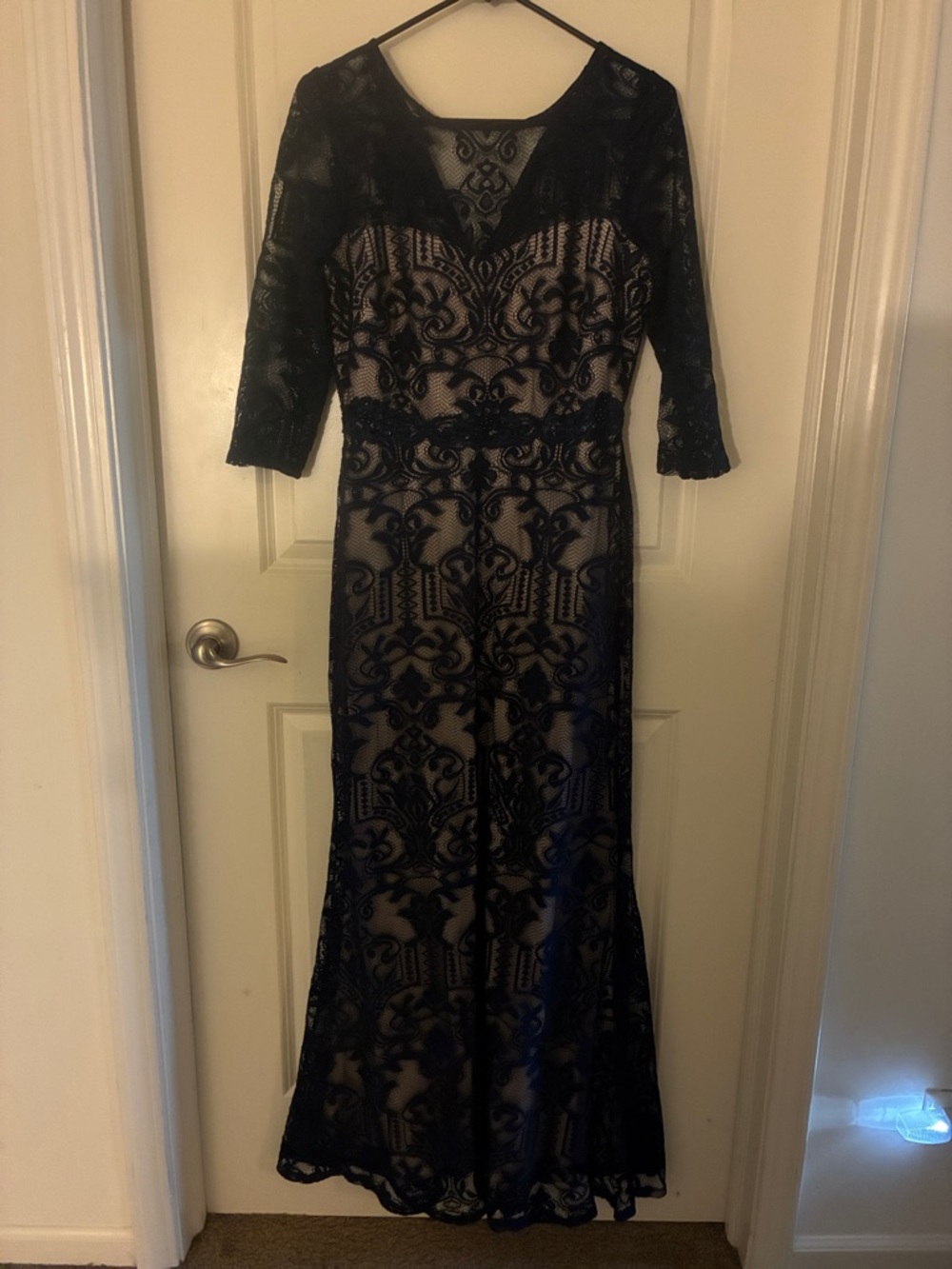 Navy Blue Lace Long-Sleeve Evening Dress with Nude Underlay